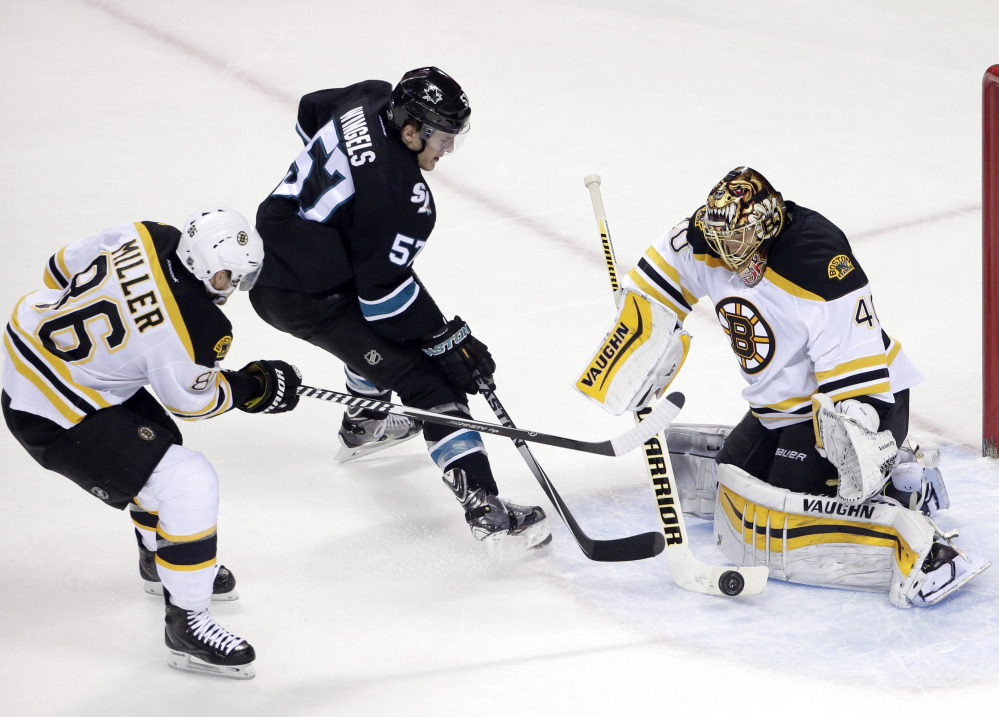 Bruins goalie Tuukka Rask stops a shot from Sharks center Tommy Wingels as Bruins defenseman Kevan Miller closes in during the first period Thursday in San Jose, Calif.