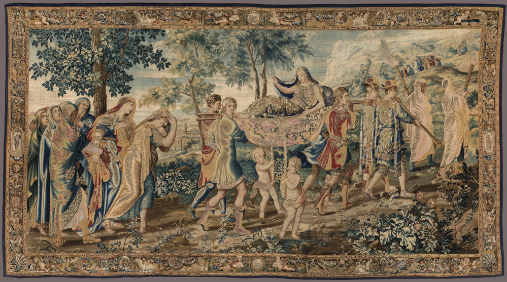 “Psyche Carried to the Mountain,” French, Paris, ca. 1660, wool, silk, gold thread. From “Weaving the Myth of Psyche: Baroque Tapestries from the Wadsworth Atheneum.” Courtesy Wadsworth Atheneum, Hartford, Connecticut