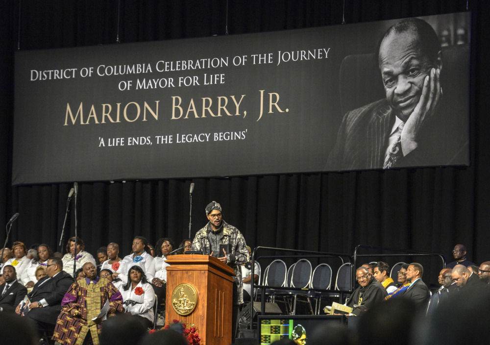 Christopher Barry, son of Marion Barry, speaks during the funeral service for his father at the Convention Center on Saturday in Washington.