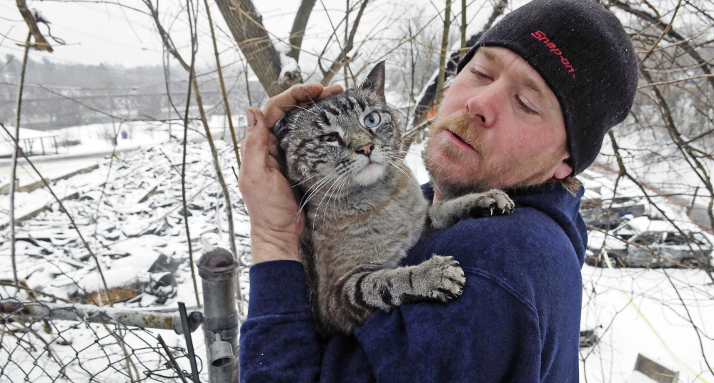 Dereck Oltz found this cat Saturday in woods near the charred remains of an Augusta apartment building that burned down on Friday. Oltz’s mother, who lived in the building, said the cat belongs to a former neighbor.