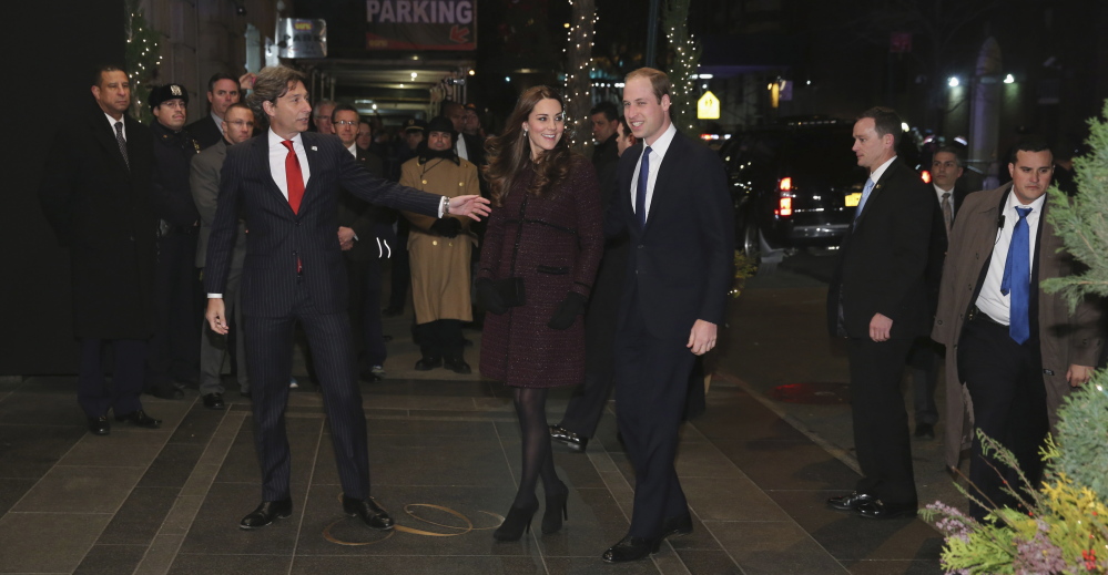 Kate, Duchess of Cambridge, center left, and Britain’s Prince William arrive at The Carlyle Hotel in New York on Sunday.