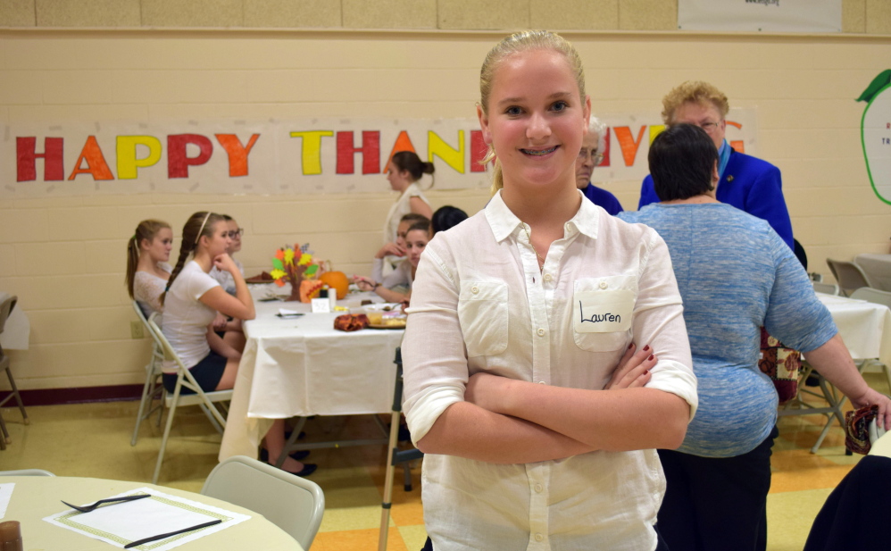 Wells Junior High School student Lauren Bartlet was one of several students who helped wait tables during the Wells-Ogunquit School District’s annual Senior Appreciation Thanksgiving Dinner. The meal was served by eighth-grade students as part of their studies and community service efforts.