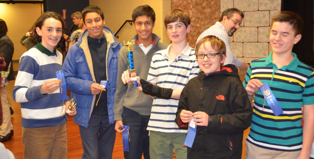 Members of Berwick Academy’s eighth-grade mathletes team show their awards at the Southern Maine Math League’s first meet of the academic year.  From left are Bryce Morales, Nikhil Agarwal, Mahesh Agarwal, Jed Breen, Eljah D’Ara, and Chris Eno.