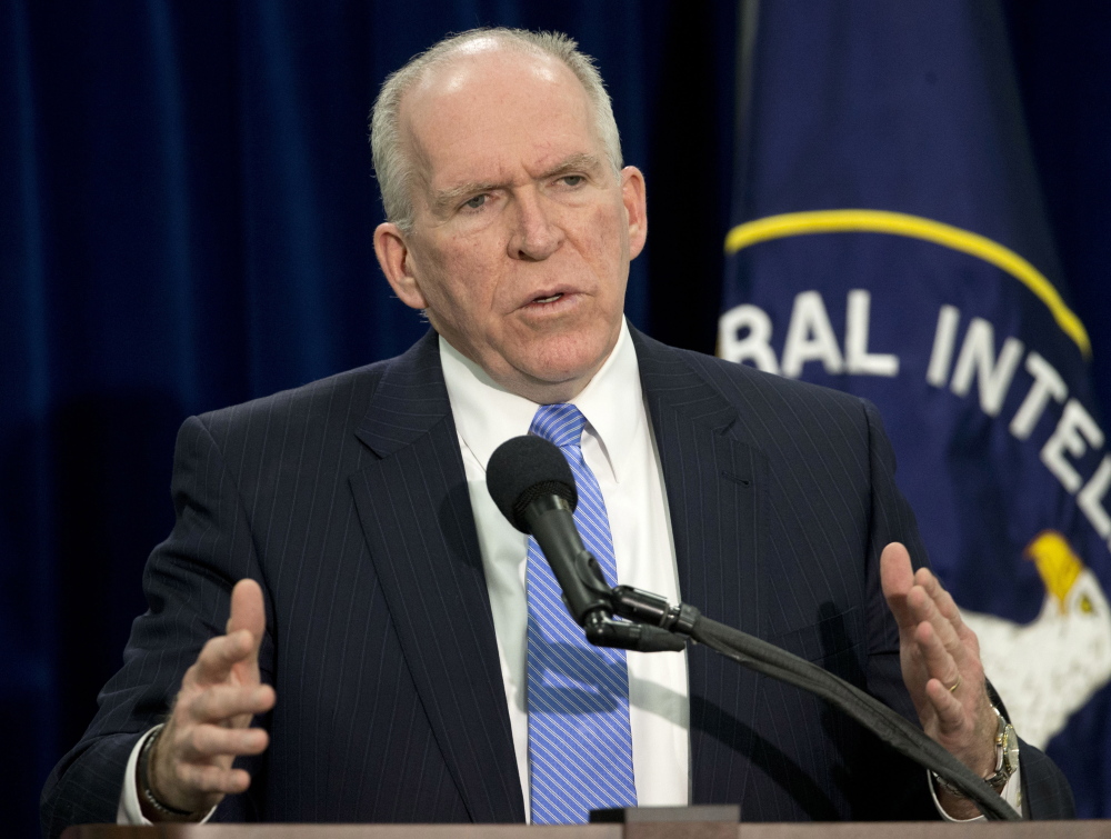 CIA Director John Brennan speaks during a news conference at CIA headquarters in Langley, Va. 