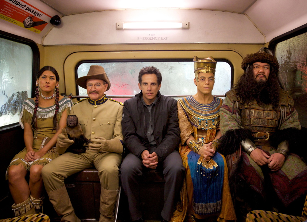 Mizuo Peck, Robin Williams, Ben Stiller, Rami Malek and Patrick Gallagher in “Night at the Museum: Secret of the Tomb.”