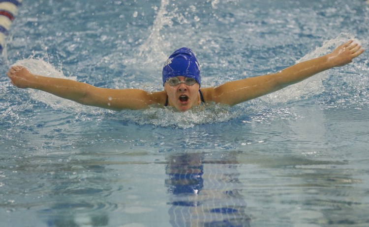 Madison Damon of Westbrook swims the butterfly leg of the 200-meter individual medley. Damon finished third behind teammate Kari Brown and South Portland’s Sarah Micucci with a time of 2:52.54. The Blue Blazes lost, 94-77.