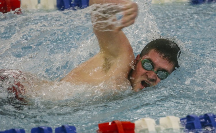 Thomas Richards of South Portland competes in the 200-meter freestyle Friday afternoon during a meet against Westbrook at Westbrook’s Davan Pool. Richards won the race with a time of 2:07.04 and also was on two winning relay teams, helping the Red Riots to a 104-57 victory.
