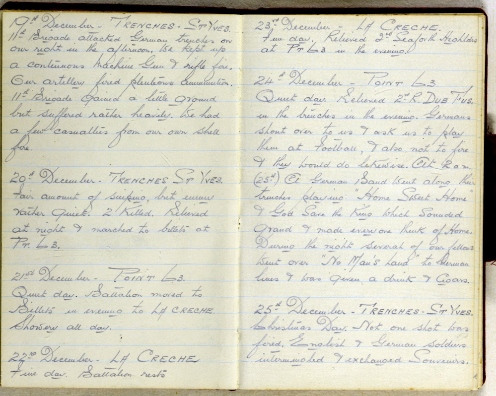 In this undated image provided by the Dorset History Centre, a diary entry from Christmas 1914 by World War I Regimental Sergeant Major George Beck. Beck served with the Royal Warwickshire Regiment and kept a diary of his time in the trenches, including several major battles, the Christmas Truce and the first use of gas in 1915.