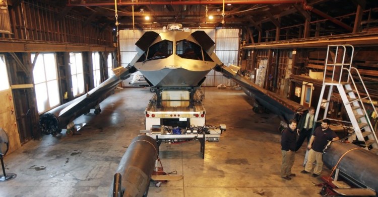 A new warship prototype named “Ghost” sits in a leased warehouse on the grounds of the Portsmouth Naval Shipyard in Kittery. New Hampshire businessman Greg Sancoff invested $15 million of his money to build it; now he needs to find a buyer.
