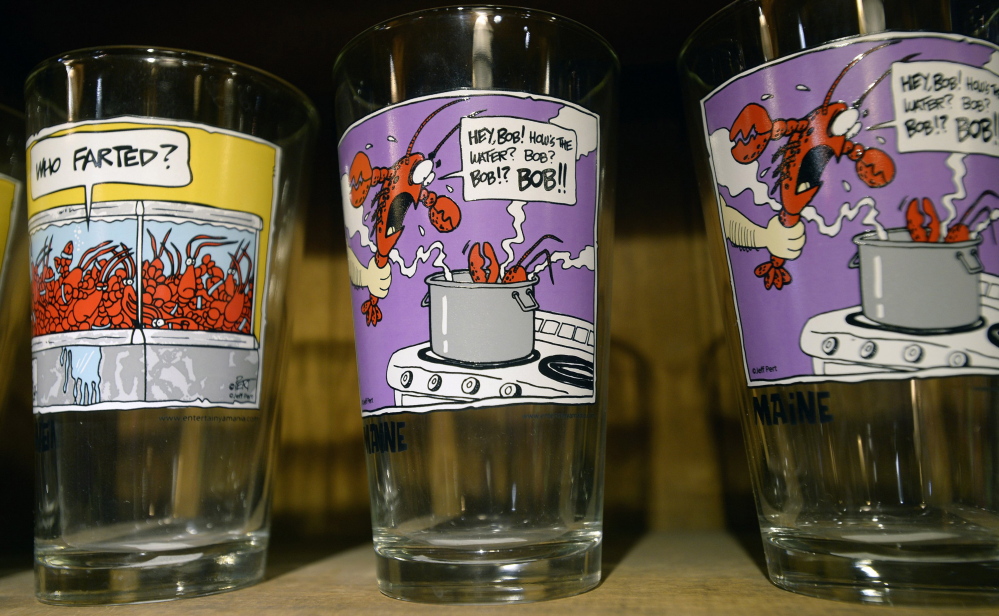 The late cartoonist Jeff Pert’s work is featured on glassware. His cartoons of lobsters and moose also appear on magnets, postcards and other items.
