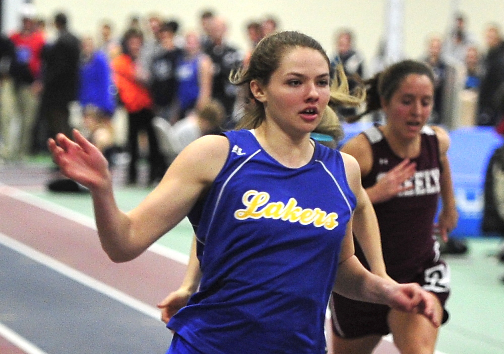 Kate Hall from Lake Region easily wins the Girls Senior 55 yrd Dash at the Western Maine Conference Indoor Track Championships. She also set a record in the long jump. 
  
 Saturday, February 8, 2014. 
 Gordon Chibroski, Staff Photographer