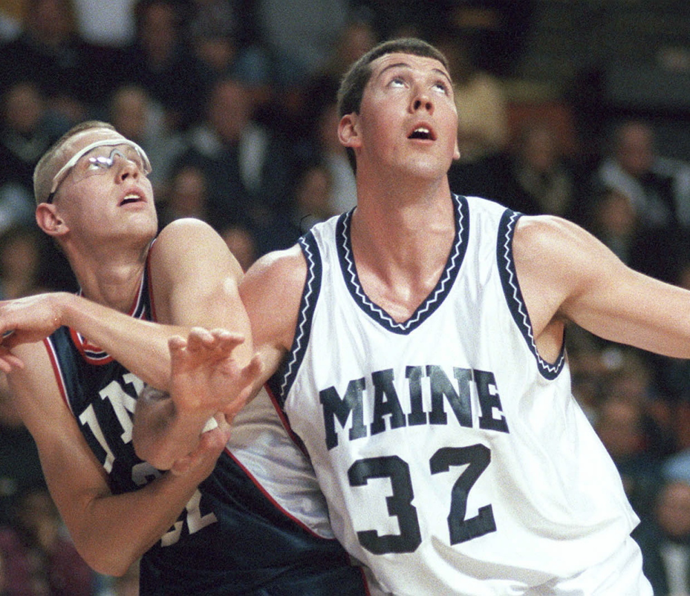 Nate Fox, right, averaged almost 18 points and eight rebounds per game in his two seasons at Maine, leading the Black Bears to a 43-16 record.