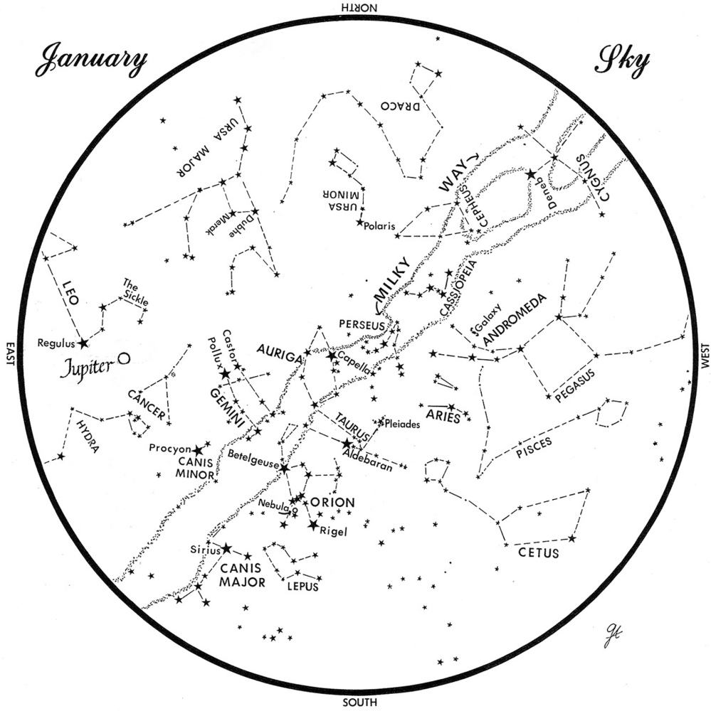 This chart represents the sky as it appears over Maine in January. The stars are shown as they appear at 9:30 p.m. early in the month, 8:30 p.m. at midmonth and 7:30 p.m. at month’s end. Jupiter is at its midmonth position. To use the map, hold it vertically and turn it so the direction you are facing is at the bottom.