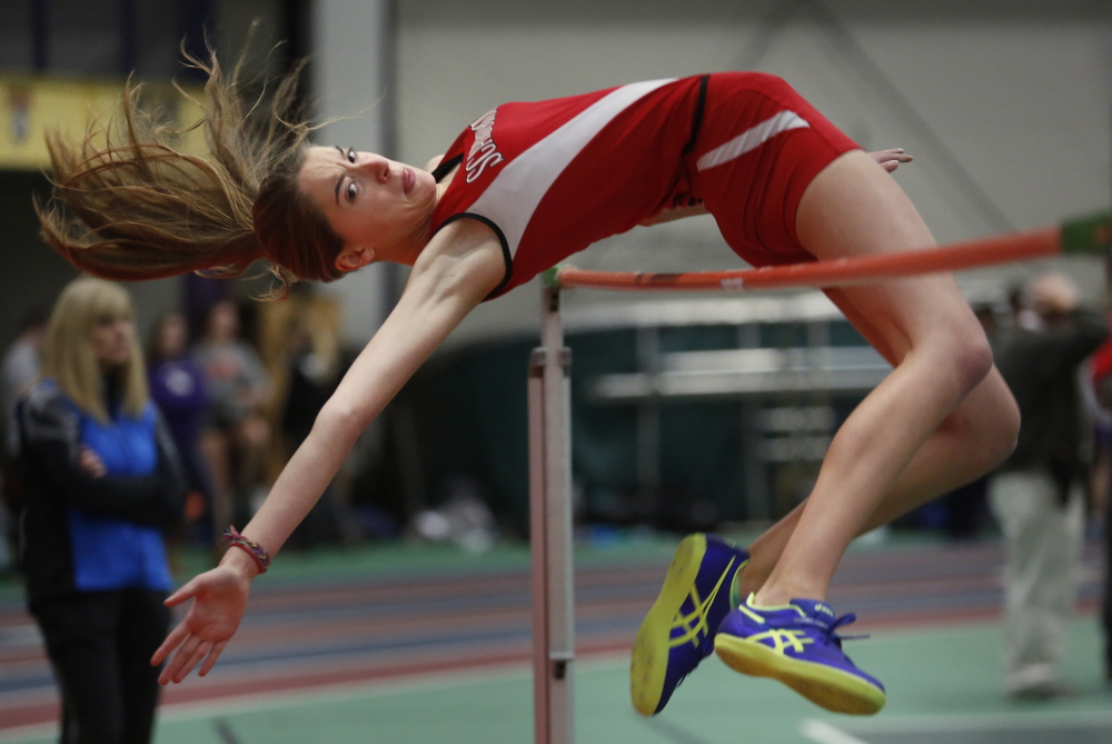 Ellen Shaw of Scarborough competes in the high jump portion of the pentathlon at Gorham. The pentathlon encompasses five events. Shaw captured the high jump phase by clearing 5 feet, 4 inches.