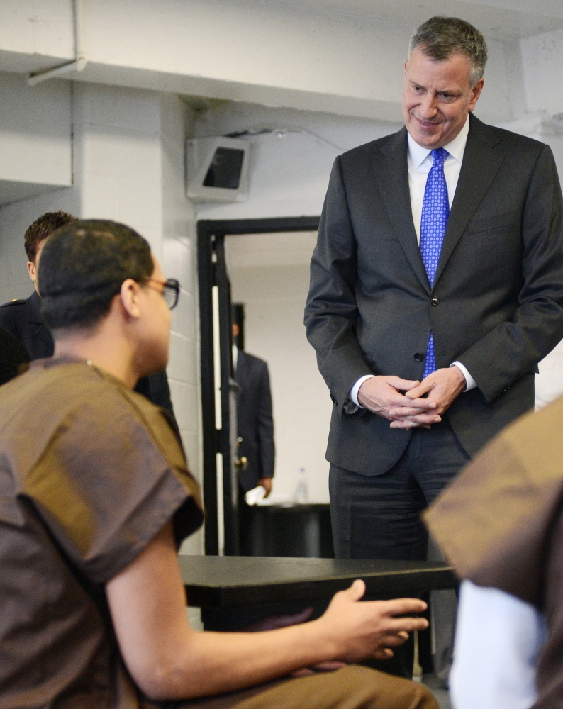 New York City Mayor Bill de Blasio meets with youth offenders at Second Chance Housing on Rikers Island.