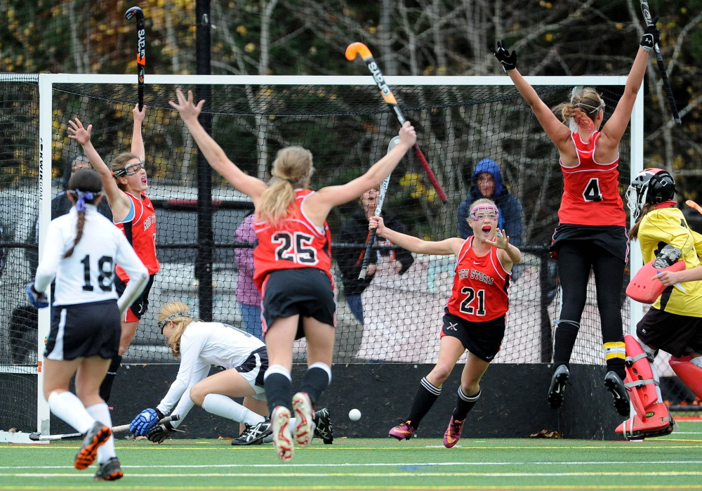 Kristen Murray, 4, leaps after scoring the winning goal with 2.1 seconds left to beat Skowhegan for the Class A state title last fall in field hockey. “I think about it every day,” says Murray. “It still feels like a dream.”
