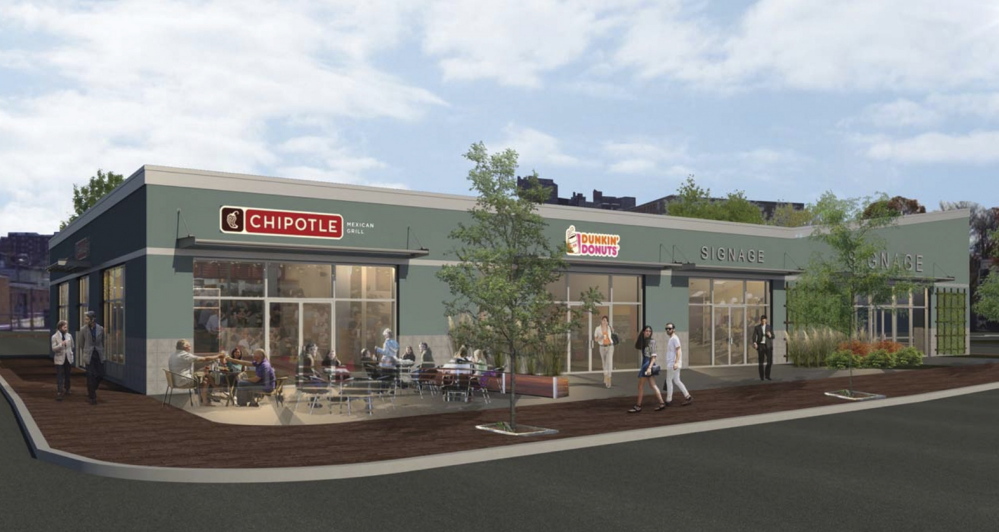 Century Plaza would include a Chipotle Mexican Grill restaurant and a Dunkin’ Donuts coffee shop, as shown in this rendering.