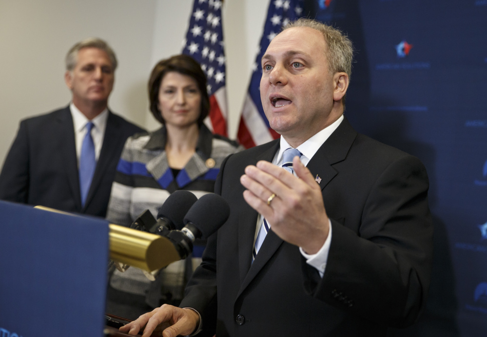 House Majority Whip Steve Scalise of Louisiana speaks to reporters following a caucus meeting last fall. Scalise admits that he once addressed a gathering of white supremacists.