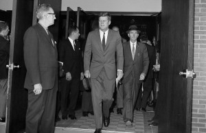 Oct. 28, 1962: President John F. Kennedy leaves St. Stephen's Roman Catholic Church in Washington, D.C., after attending services shortly after the announcement from Moscow that Premier Khrushchev had ordered Soviet rocket bases in Cuba dismantled and rockets returned to Russia. A U.S. blockade forced the removal of Soviet nuclear missiles from Cuba after a standoff brought the world near nuclear war. Kennedy agreed privately not to invade Cuba.