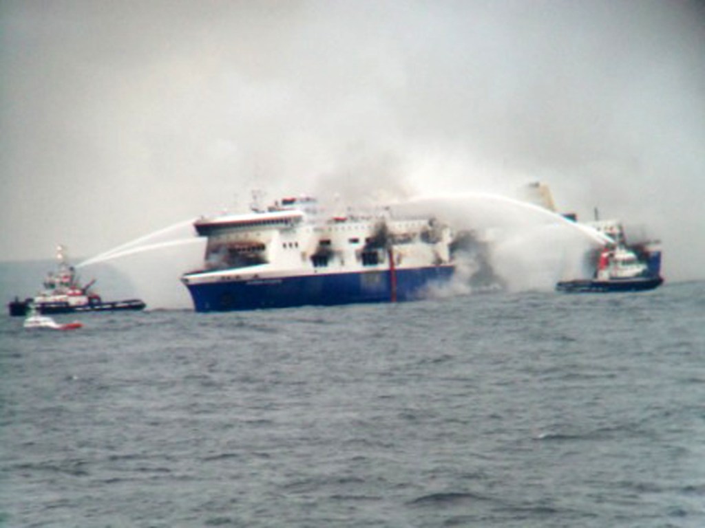 Fire vessels come to the aid of the Norman Atlantic after it caught fire early Sunday in the Adriatic Sea between Italy and Albania.  The Associated Press/SKAI TV