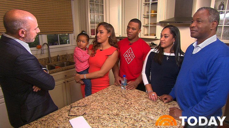 In this image from video provided by The Today Show, host Matt Lauer, left, interviews Janay Rice, holding daughter Rayven, and Ray Rice. Joining them are Janay's parents, Candy and Joe Palmer, right.  