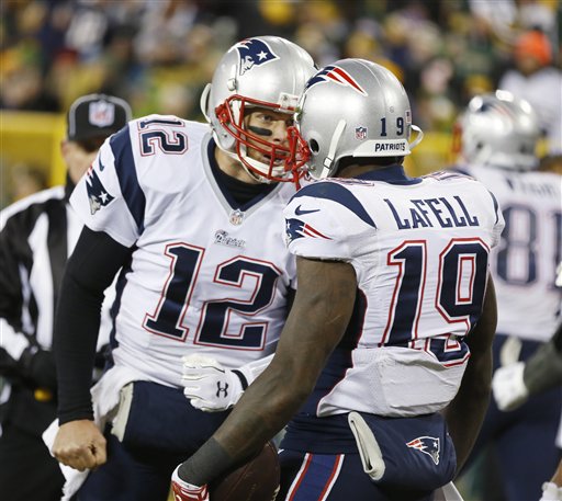 Patriots quarterback Tom Brady and Brandon LaFell celebrate LaFell's touchdown catch against the Green Bay Packers on Sunday. The Patriots play the San Diego Chargers this weekend.