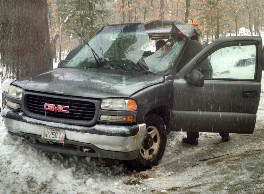 This is the 2011 GMC pickup that Paul Cundiff was driving when he lost control and hit a tree. Photo courtesy of Fryeburg Police Department
