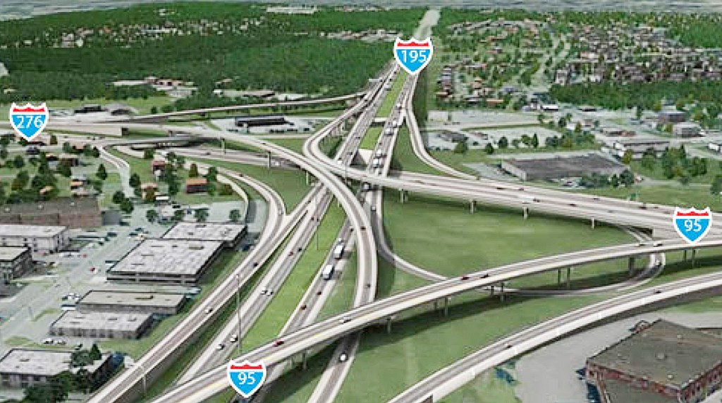 This is a computer-generated aerial view of the proposed interchange that would connect Interstate 95 with the Pennsylvania Turnpike. 