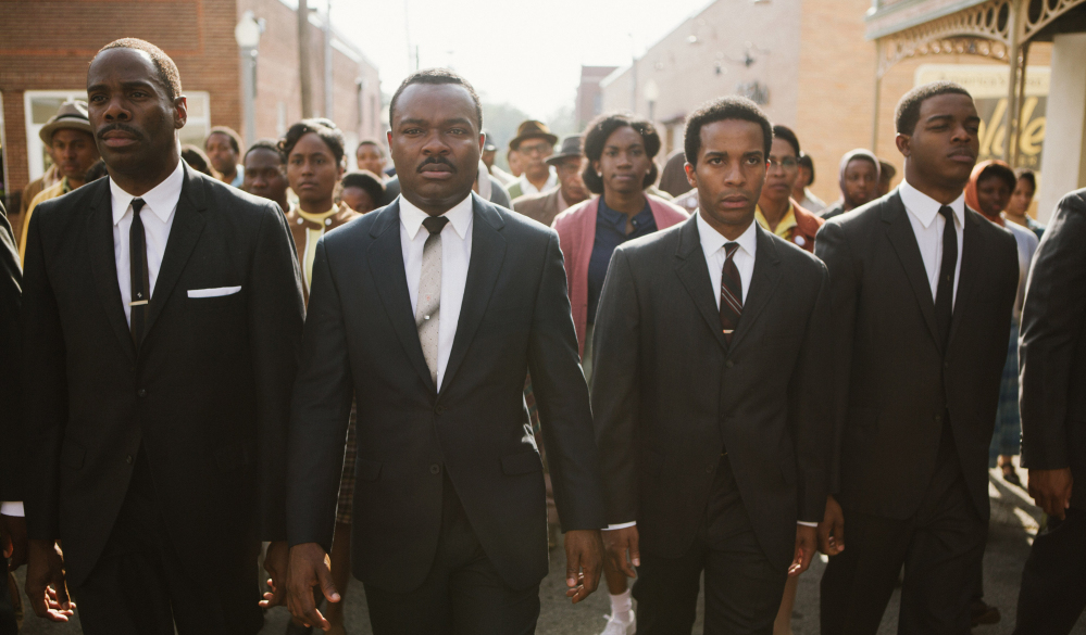 From left, Colman Domingo as Ralph Abernathy, David Oyelowo as Dr. Martin Luther King Jr., André Holland as Andrew Young, and Stephan James as John Lewis appear in a scene from the film, “Selma,” from Paramount Pictures, Pathé, and Harpo Films. The film is drawing controversy for its portrayal of the relationship between President Lyndon Johnson and King.