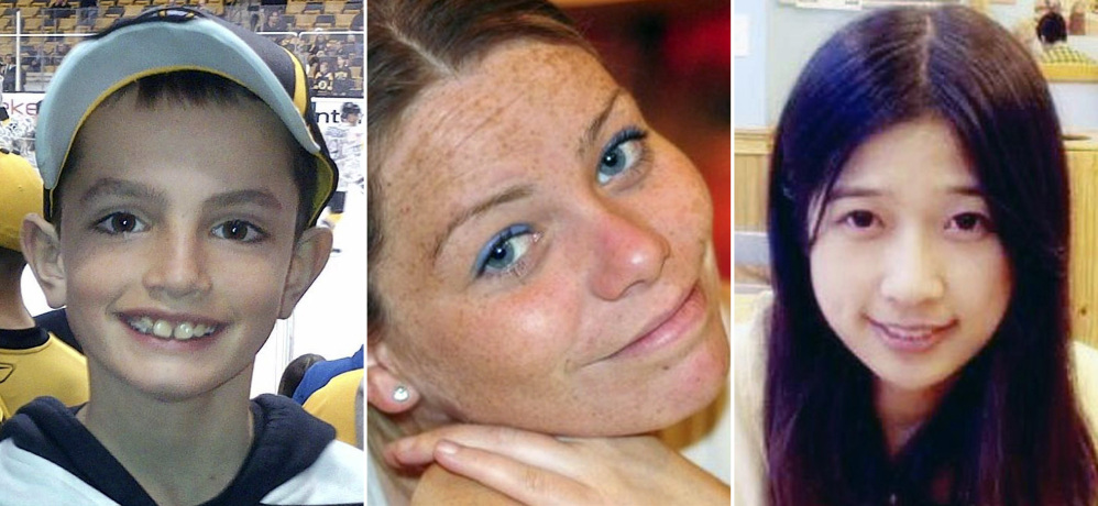 From left, Martin Richard, 8, Krystle Campbell, 29, and Lu Lingzi, a Boston University graduate student from China, who were killed in the bombings near the finish line of the Boston Marathon on April 15, 2013, in Boston.