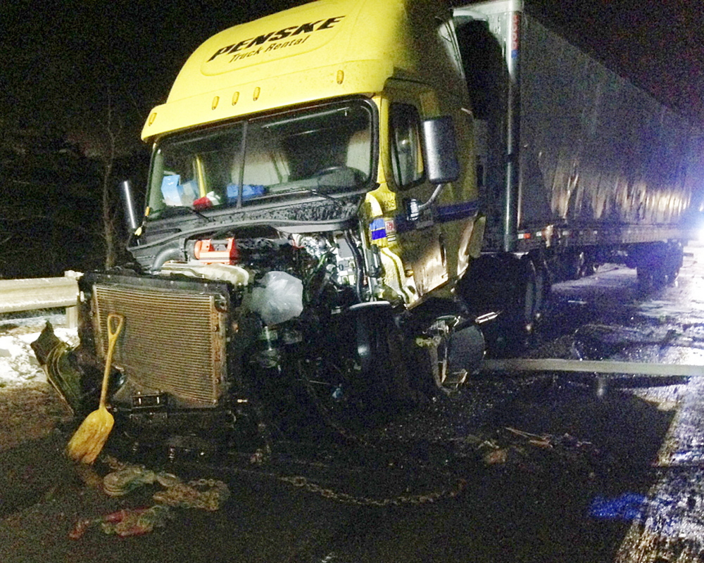 The cab of this tractor-trailer was heavily damaged Sunday night in an accident on I-95 on the Bond Brook overpass.