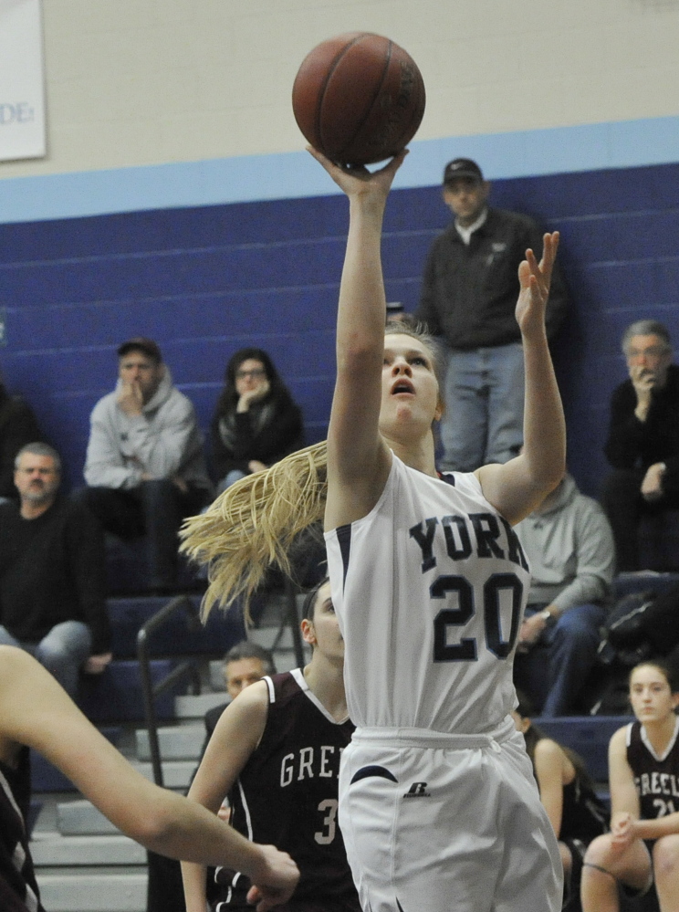 York’s Chloe Smedley takes a shot during the Wildcats’ 48-43 win at home over Greely on Thursday night. Smedley had five points for York, which improved to 7-2.