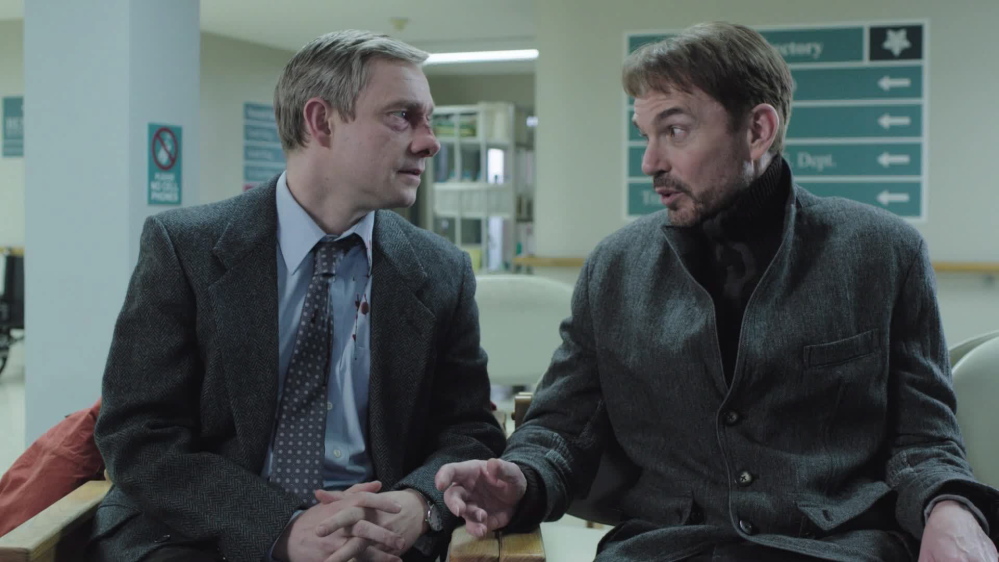Martin Freeman, left, and Billy Bob Thornton in “Fargo,” which leads the television side with five nominations. 