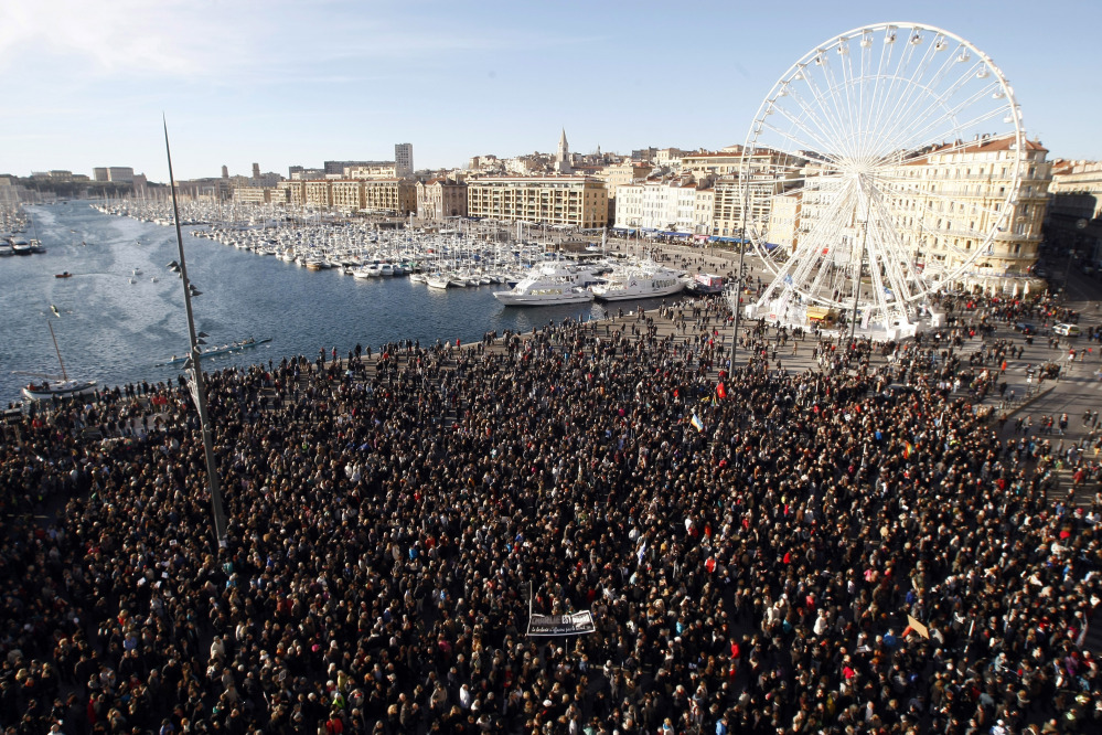 Thousands of people attend  a demonstration in solidarity with the victims of terrorist attacks in and around Paris linked to Wednesday’s attack on French satirical newspaper Charlie Hebdo at the Old-Port of Marseille, southern France, on Saturday.