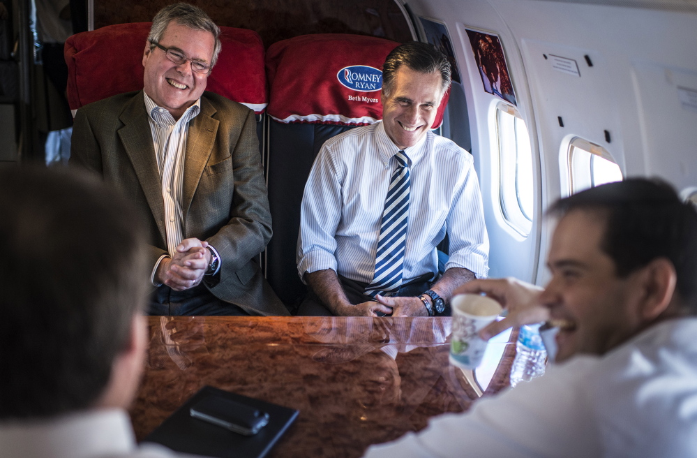 Former Florida Gov. Jeb Bush, left, Sen. Marco Rubio, bottom right, and Mitt Romney likely won’t spend much time together in 2015 as the Republican presidential primary heats up. Romney’s surprise announcement that he is seriously considering a third run for the White House has forced other would-be candidates to make moves.