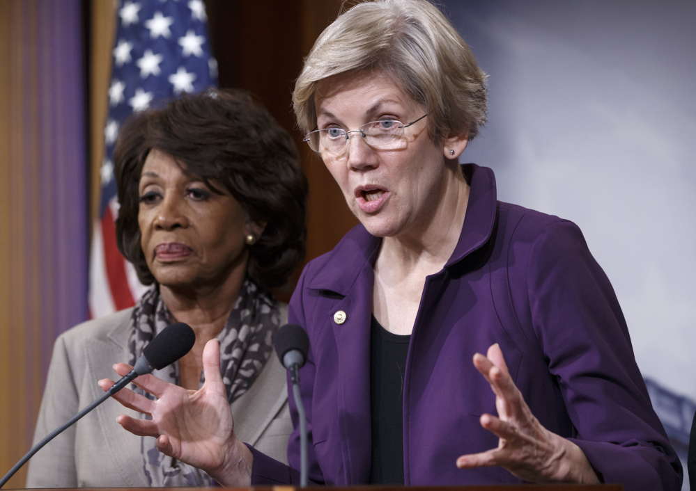 Sen. Elizabeth Warren, D-Mass., a member of the Senate Banking Committee, and Rep. Maxine Waters, D-Calif., left, have objected to a proposal to repeal the Dodd-Frank divide between traditional banks and derivative trading. Of the bill passed by the House on Wednesday, Waters, senior Democrat on the House Financial Services Committee, called it “this gift to a handful of the biggest Wall Street banks.”