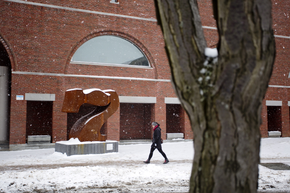 “Seven,” a sculpture by Vinalhaven artist Robert Indiana, is exposed to the elements outside the Portland Museum of Art fronting Congress Street in Portland. Vandalism to the piece last month raised questions about protecting artwork in public spaces.