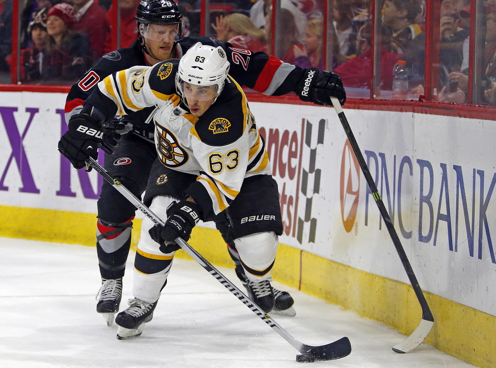 Given his history, Boston Bruins winger Brad Marchand, shown stickhandling against the Carolina Hurricanes, might be lucky that he drew only a two-game suspension for an infraction against the New York Rangers last Thursday. Marchand has been suspended on two other occasions for illegal hits.