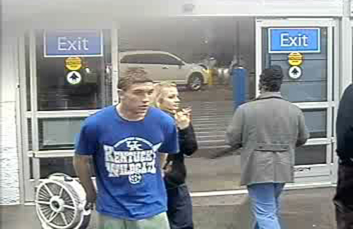 In this photo made from surveillance video and released by the Grayson County Sheriff’s Office, in Kentucky, 18-year-old Dalton Hayes and 13-year-old Cheyenne Phillips walk into a South Carolina Wal-Mart. The Associated Press