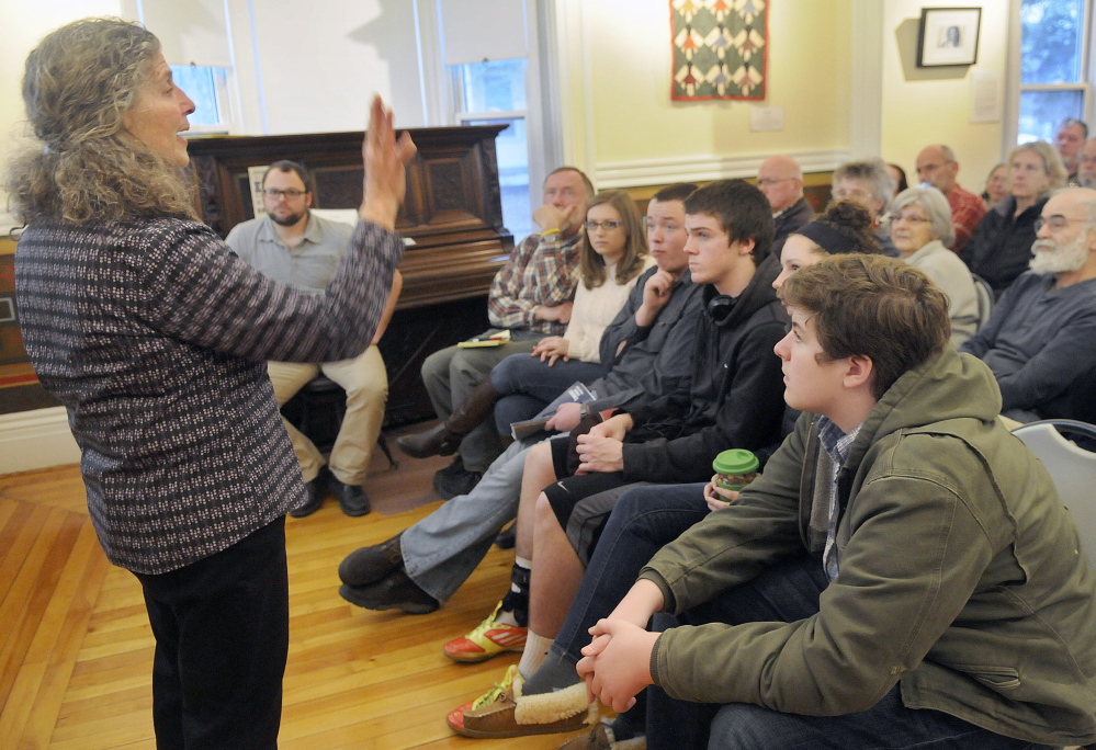 Candace Kanes, curator of the Maine Historical Society’s Maine Memory Network, discusses the hundreds of former slaves who came to Maine in the last years of the Civil War, during a Martin Luther King Day talk at the Southard House Museum in Richmond.