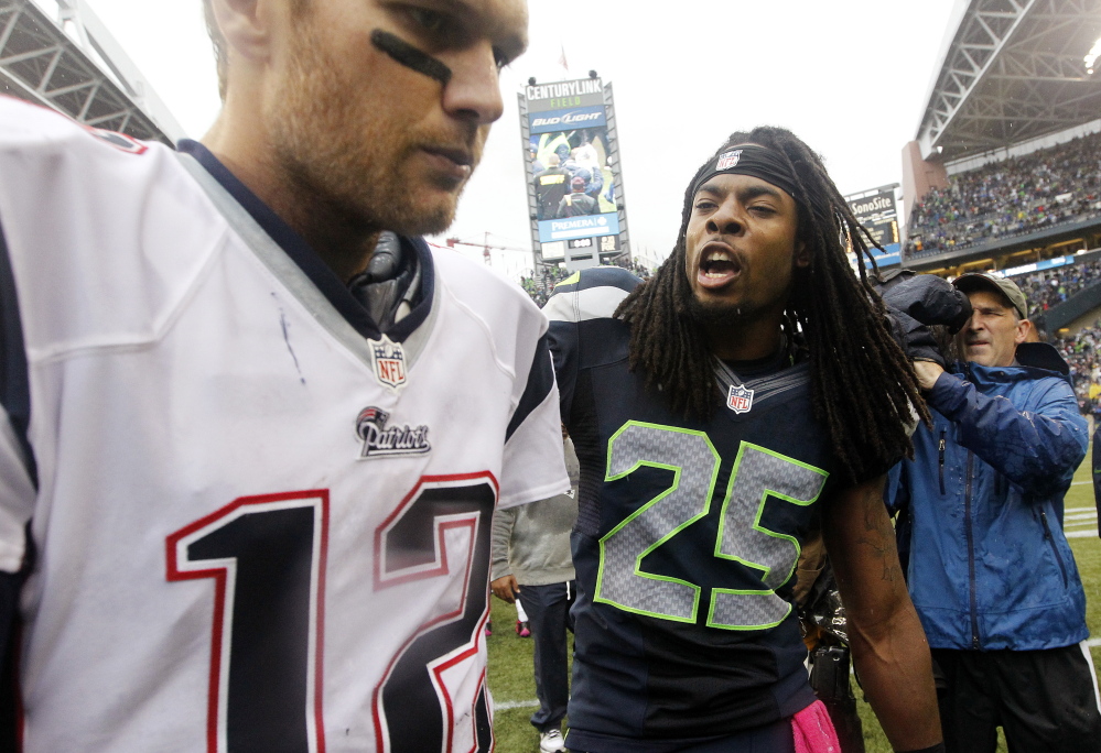 Richard Sherman of the Seattle Seahawks taunted New England quarterback Tom Brady following Seattle’s victory in a regular-season game in October 2012. The brashness of the Seahawks contrasts with Bill Belichick’s just-hunker-down-and-win philosophy with the Patriots.