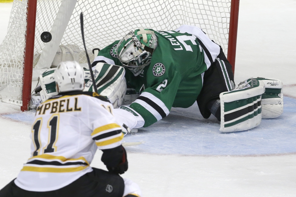 Boston Bruins center Gregory Campbell scores a goal against Dallas goalie Kari Lehtonen during the second period of Tuesday night’s game in Dallas. The goal gave Boston a 2-1 lead late in the period.