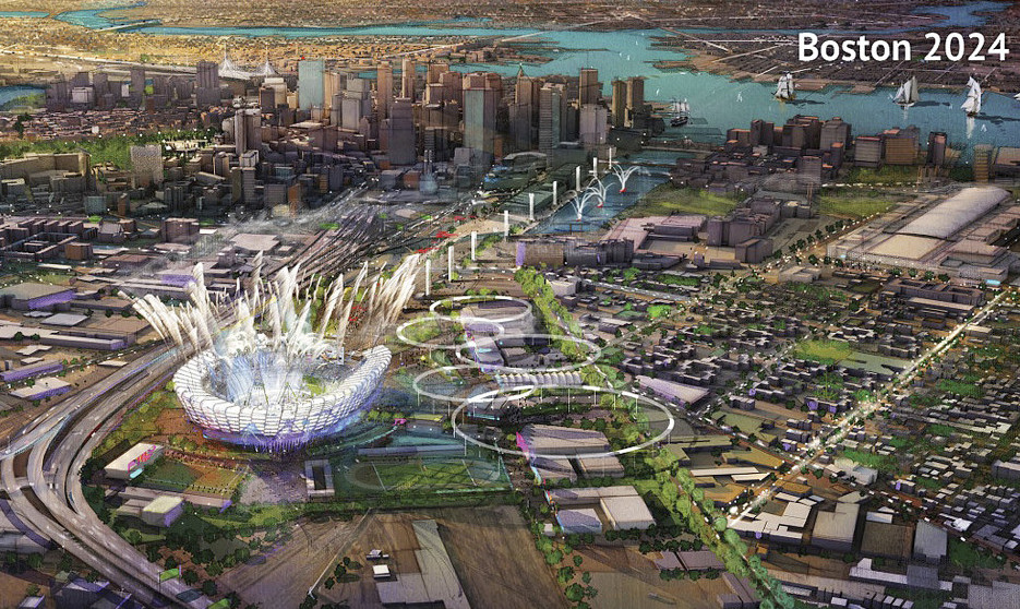 This artist’s rendering released Wednesday by the Boston 2024 planning committee shows a proposed pedestrian boulevard along a channel running to a temporary Olympic stadium in Boston, if the city is awarded the Summer Olympic games in 2024.