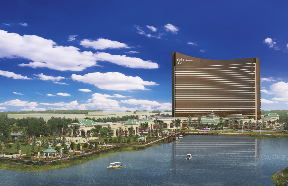 Wynn Resorts on Thursday unveiled this architectural rendering of a redesigned casino in Everett, Mass. Wynn Resorts has proposed a $1.6 billion resort, casino, hotel and entertainment complex for 33 acres on the Everett waterfront overlooking Boston.