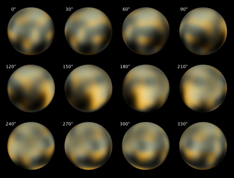 This combination of images made by NASA’s Hubble Space Telescope in 2002 and 2003 shows Pluto at different angles.Starting Sunday, NASA’s New Horizons spacecraft will begin photographing the mysterious, unexplored, icy world.