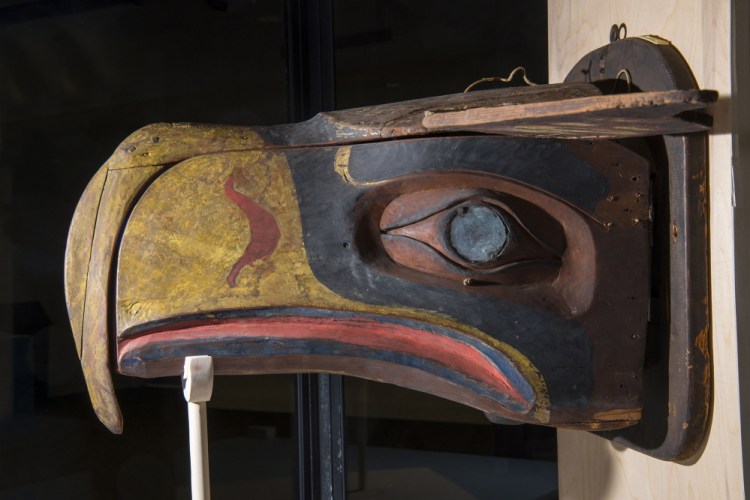 The University of Maine got its mask from a Falmouth resident and collector. A museum curator at the University of Washington said a photograph of the Kwakwaka’wakw transformation mask was the inspiration for the Seattle Seahawks' logo.