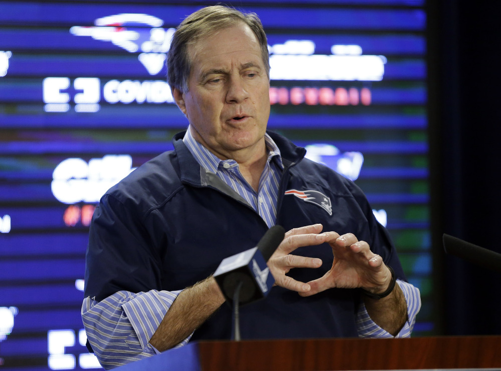 New England Patriots Coach Bill Belichick speaks during Saturday’s news conference at Gillette Stadium, where he defended the way his team preps its game balls.
