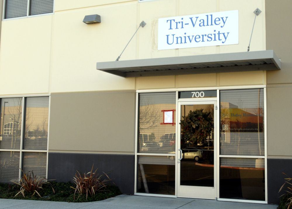 In this photo taken Jan. 19, 2011, is the entrance to Tri-Valley University in Pleasanton, Calif. Tri-Valley is among at least half a dozen schools shut down or raided by federal authorities in recent years over allegations of immigration fraud.