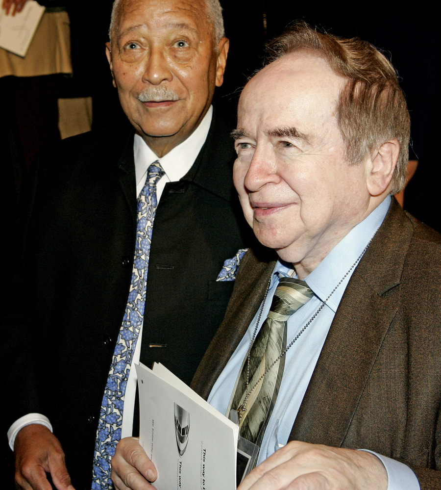 In this June 9, 2006, photo former New York City Mayor David Dinkins, left and Joe Franklin attend the Friars Club celebrity roast of legendary comedian Jerry Lewis in New York City.