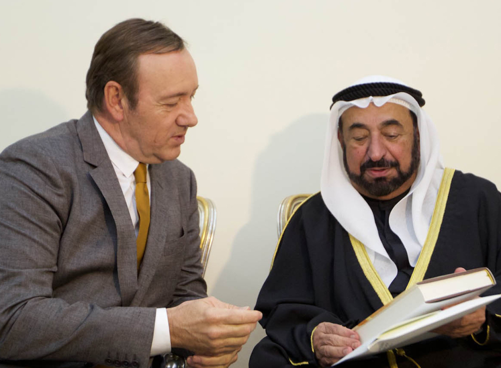 Actor Kevin Spacey meets with Sheik Sultan bin Mohammed Al Qasimi in the United Arab Emirates prior to a play by young actors from throughout the Arab world.